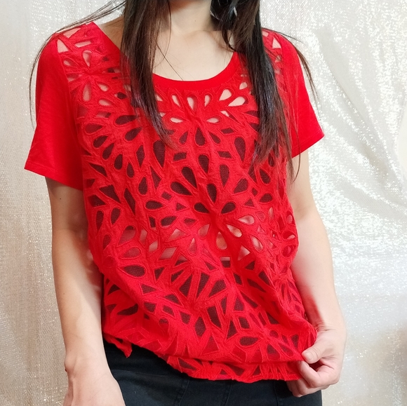 Babaton Tops | Babaton Red See Through Mesh Silk Mixed Top S | Poshmark